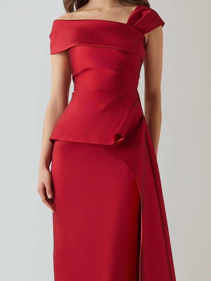 Sheath/Column Off-the-Shoulder Ruched Evening Dresses Floor-Length Satin Party Dresses