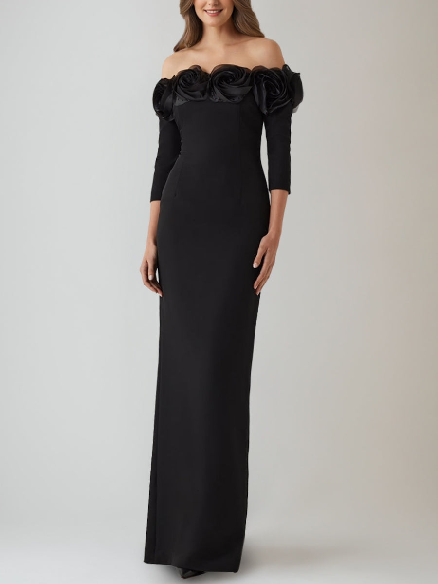 Sheath/Column Off-the-Shoulder Floor-Length Evening Dresses 3/4 Sleeves Party Dresses with 3D Flower