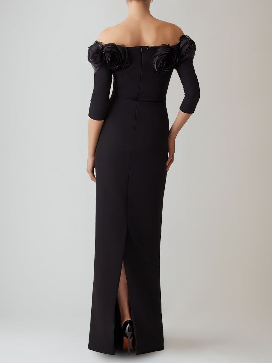 Sheath/Column Off-the-Shoulder Floor-Length Evening Dresses 3/4 Sleeves Party Dresses with 3D Flower