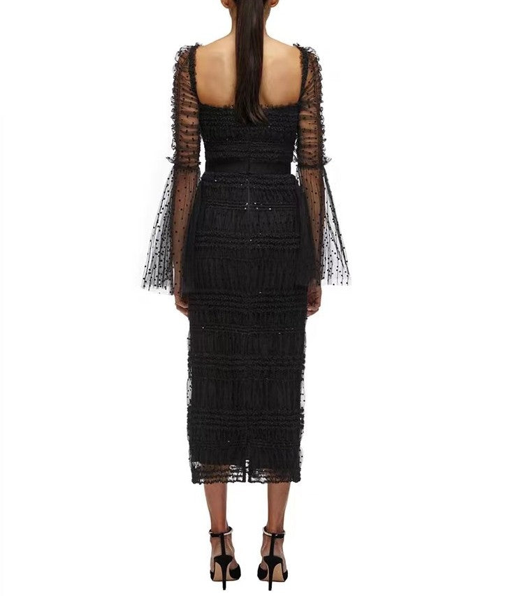 Sheath/Column Square Collar Cocktail Party Dresses Tulle Long Sleeves Little Black Dresses Tea-Length