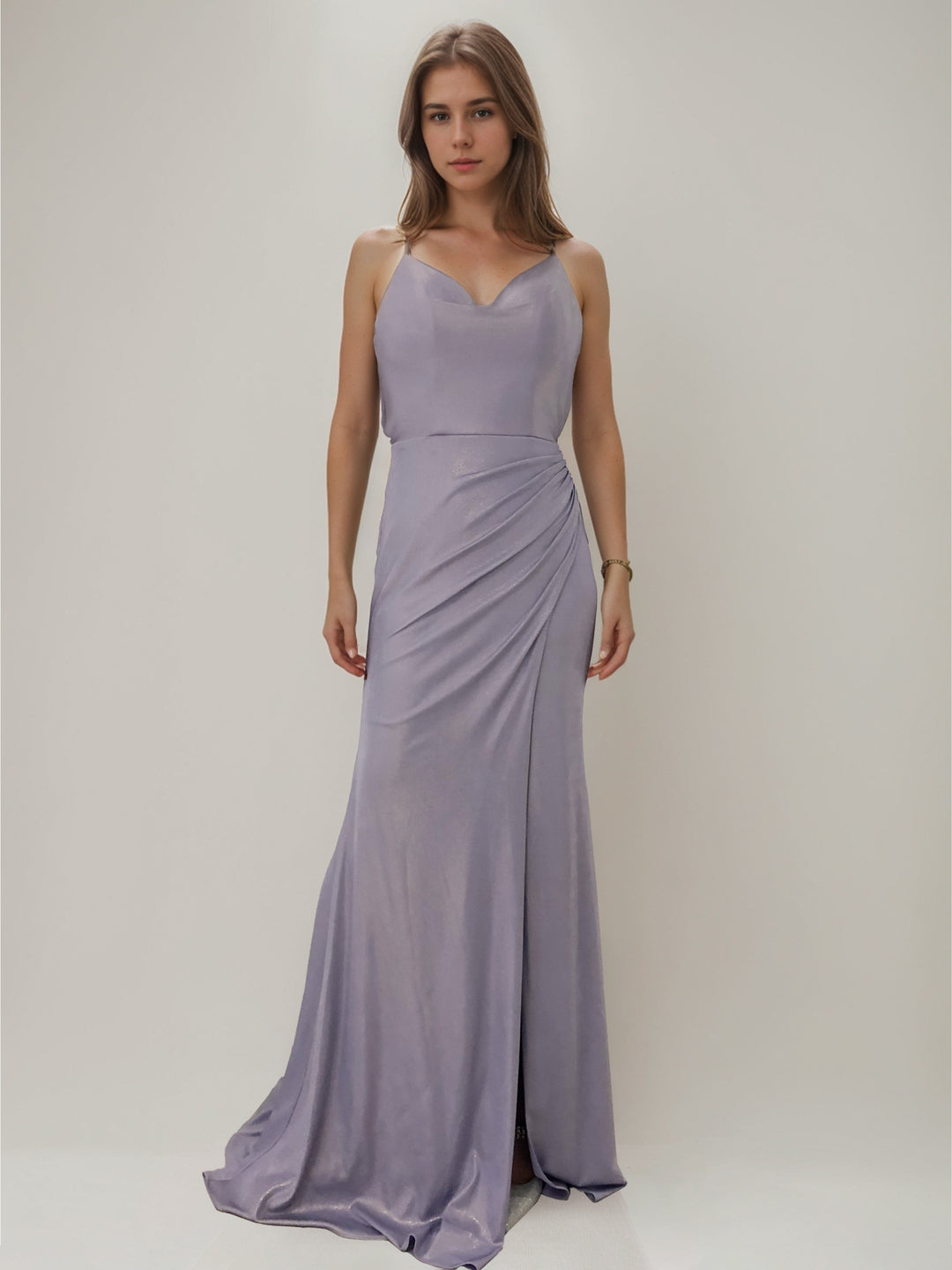 Sheath/Column Cowl Neck Spaghetti Straps Sleeveless Sweep Train Ruched Evening Dresses With Side Slit & Criss Cross Straps