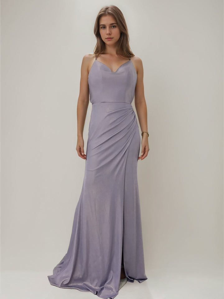 Sheath/Column Cowl Neck Spaghetti Straps Sleeveless Sweep Train Ruched Evening Dresses With Side Slit & Criss Cross Straps