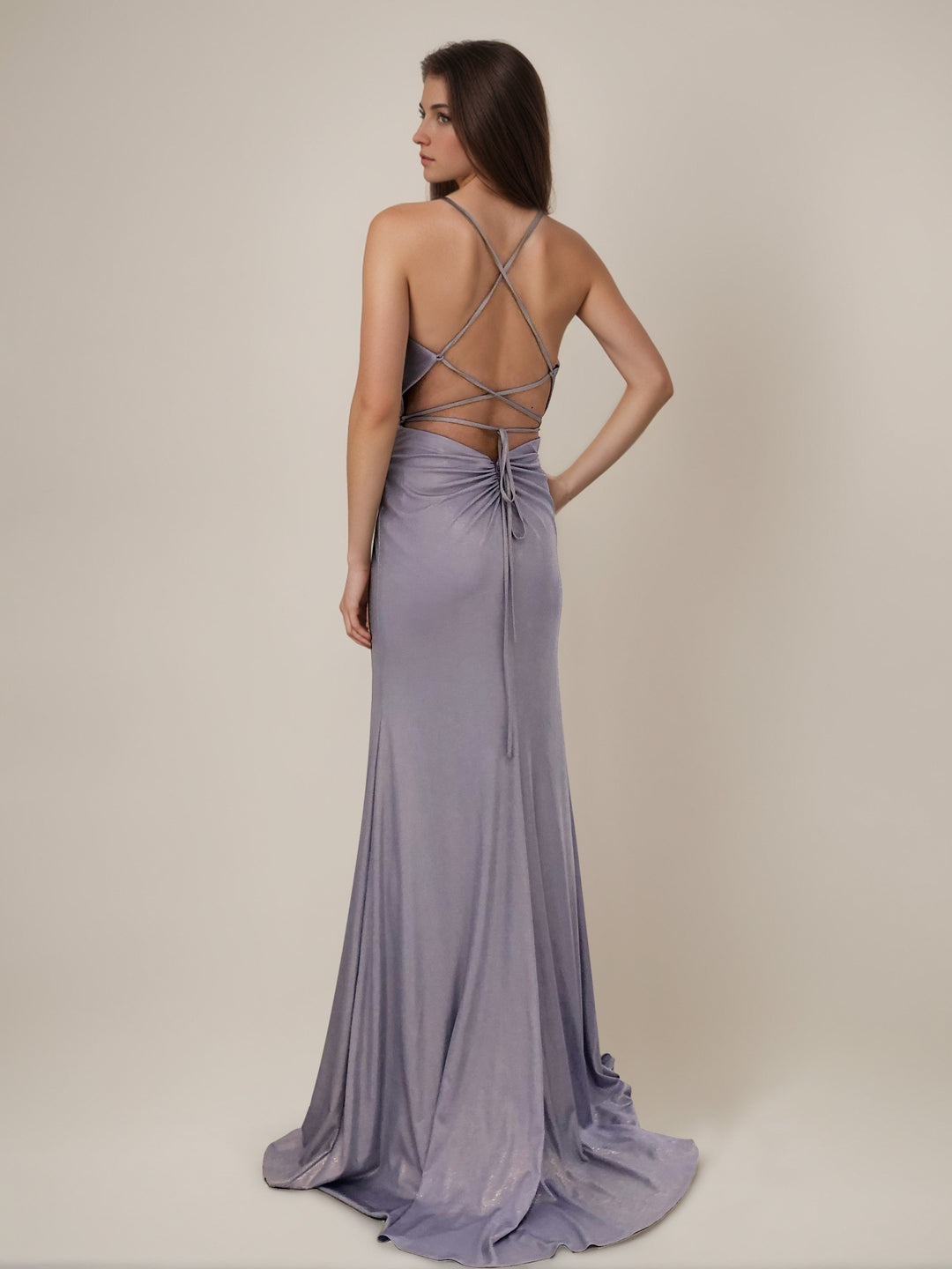 Sheath/Column Cowl Neck Spaghetti Straps Sleeveless Sweep Train Ruched Evening Dresses With Side Slit & Criss Cross Straps