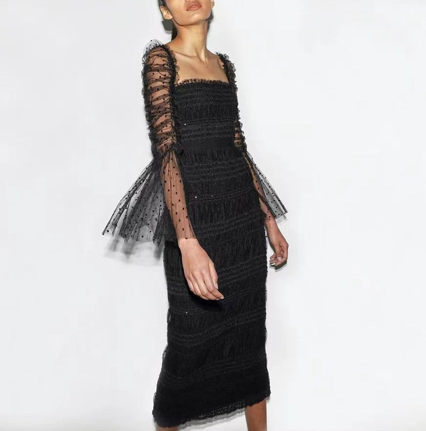 Sheath/Column Square Collar Cocktail Party Dresses Tulle Long Sleeves Little Black Dresses Tea-Length