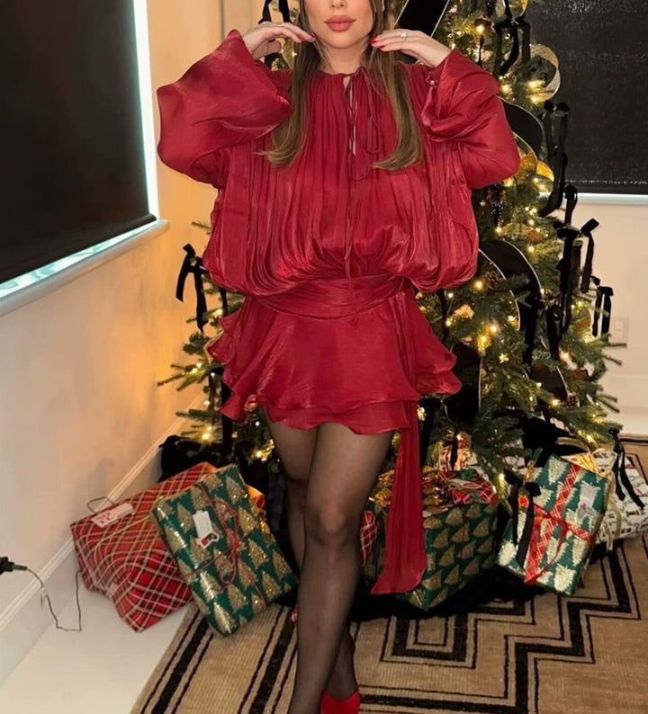 A-Line Scoop Cocktail Party Dresses Satin Long Sleeves Mini Dresses With Ruffles