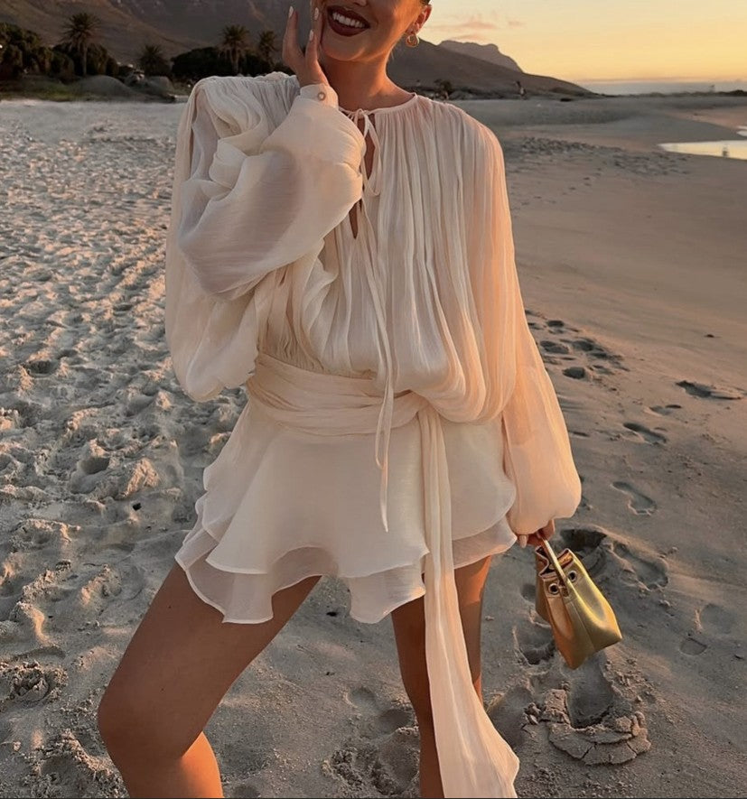 A-Line Scoop Cocktail Party Dresses Satin Long Sleeves Mini Dresses With Ruffles