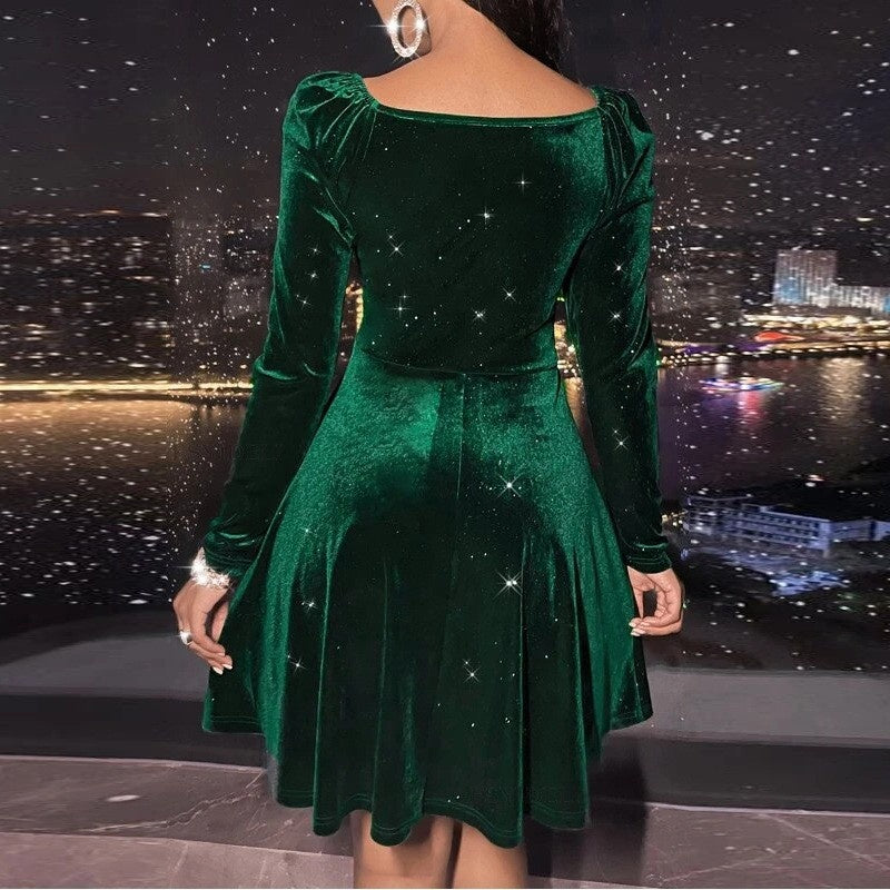 A-Line V-Neck Cocktail Dresses Velvet Long Sleeves Mini Party Dress