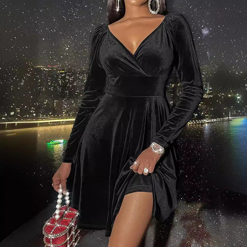 A-Line V-Neck Cocktail Dresses Velvet Long Sleeves Mini Party Dress
