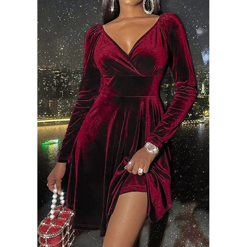 A-Line V-Neck Cocktail Dresses Velvet Long Sleeves Mini Party Dress