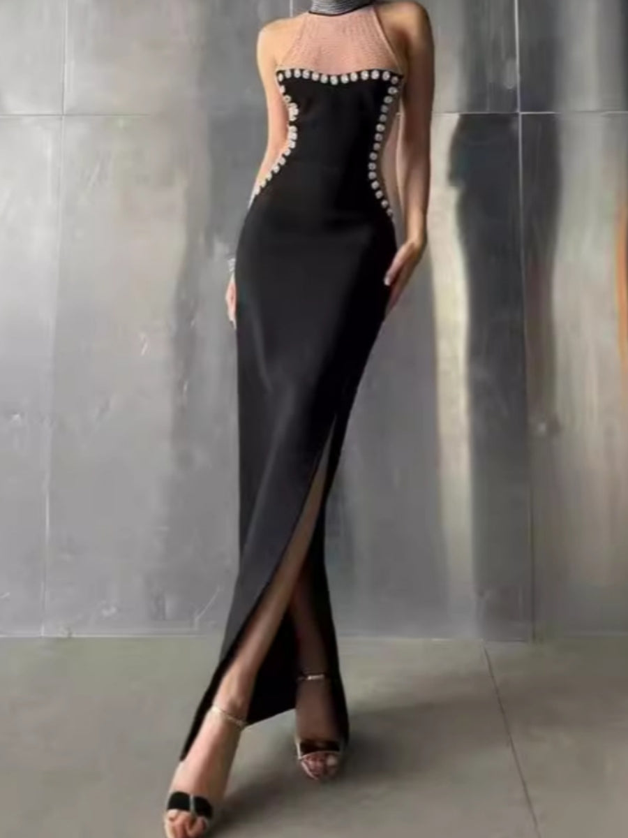 Sheath/Column Halter Evening Dresses Sleeveless Party Dresses Floor-Length Stretch Satin With Split Side