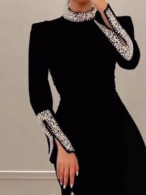 Sheath/Column Jewel Neck Long Sleeves Evening Dresses Party Dresses Ankle-Length Stretch Satin With Split Side