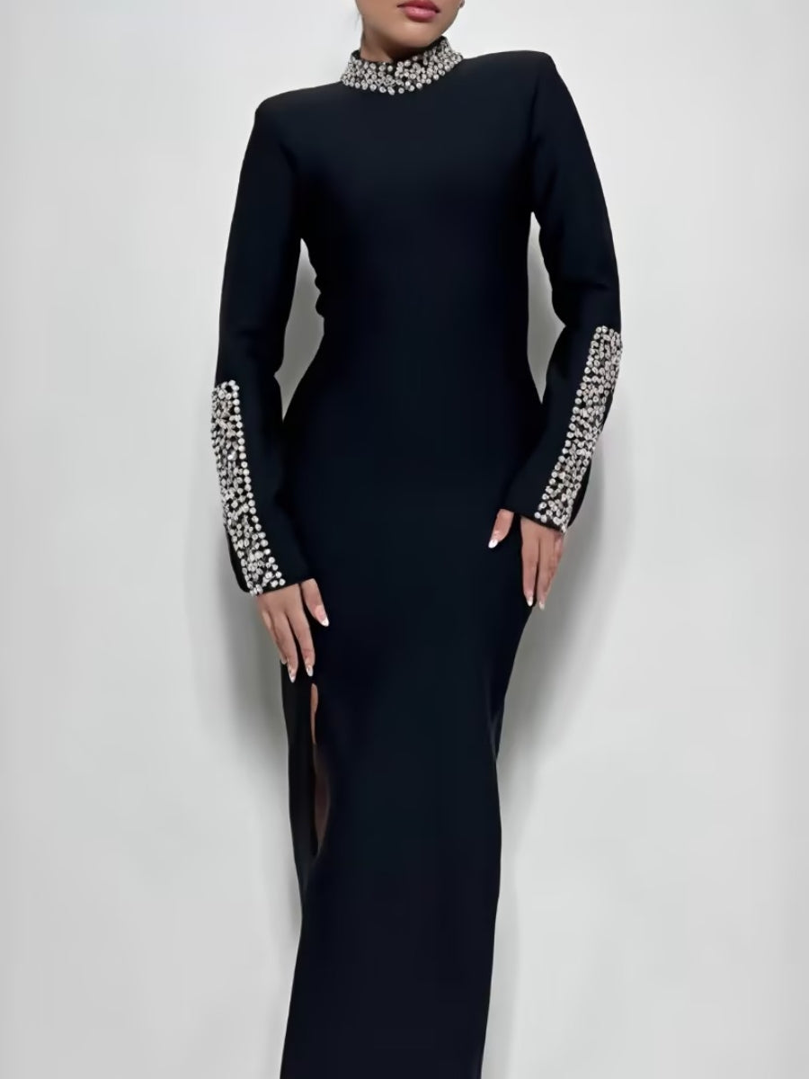 Sheath/Column Jewel Neck Long Sleeves Evening Dresses Party Dresses Ankle-Length Stretch Satin With Split Side