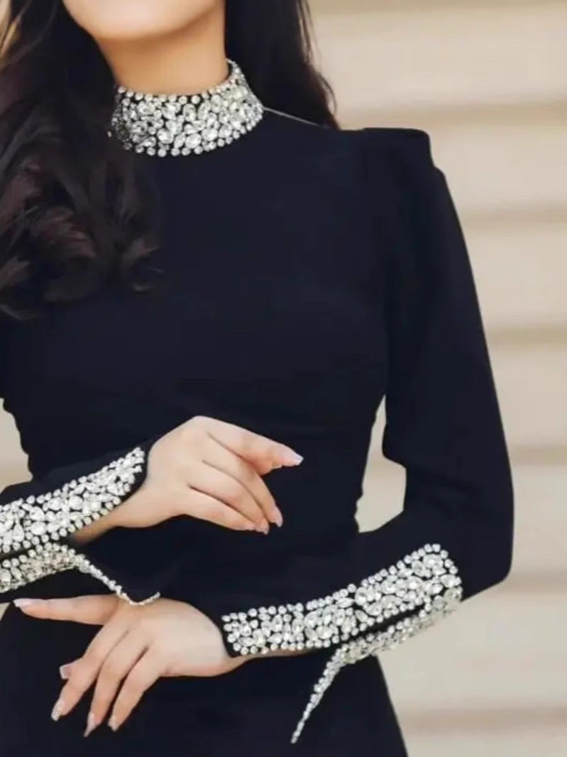 Sheath/Column Jewel Neck Long Sleeves Evening Dresses Party Dresses Ankle-Length Stretch Satin With Split Side