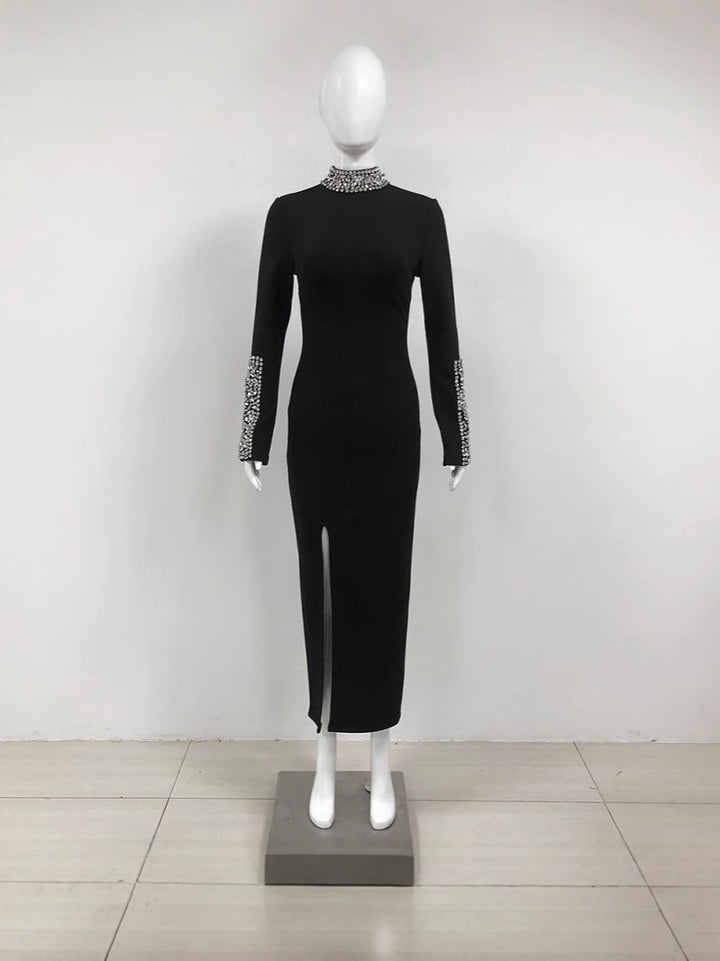 Sheath/Column Jewel Neck Long Sleeves Evening Dresses Party Dresses Ankle-Length Stretch Satin With Split Side