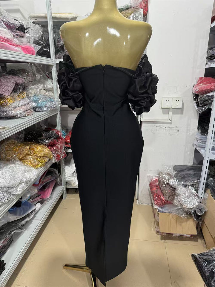 Sheath/Column Off-the-Shoulder Beading Evening Dresses Puff Sleeves Party Dresses Floor-Length Stretch Satin