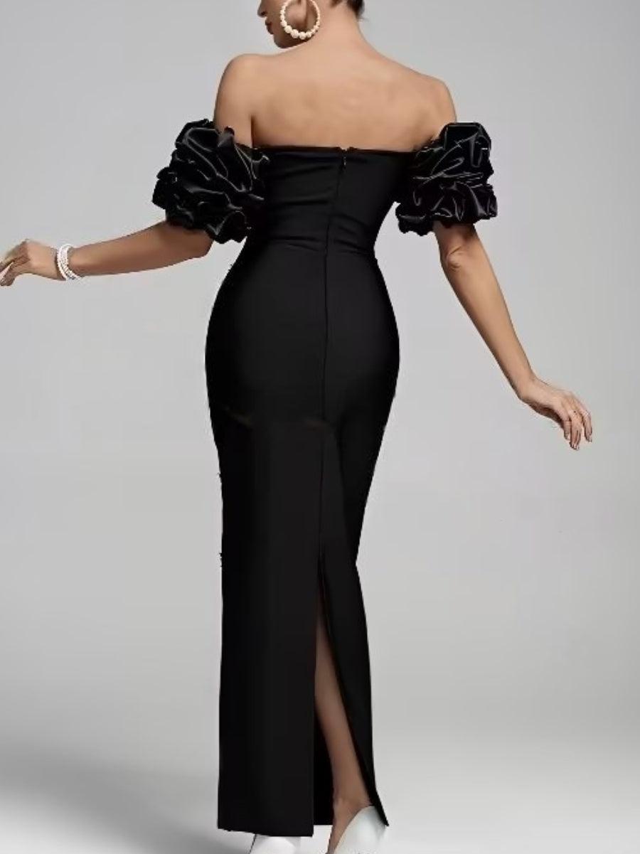 Sheath/Column Off-the-Shoulder Beading Evening Dresses Puff Sleeves Party Dresses Floor-Length Stretch Satin