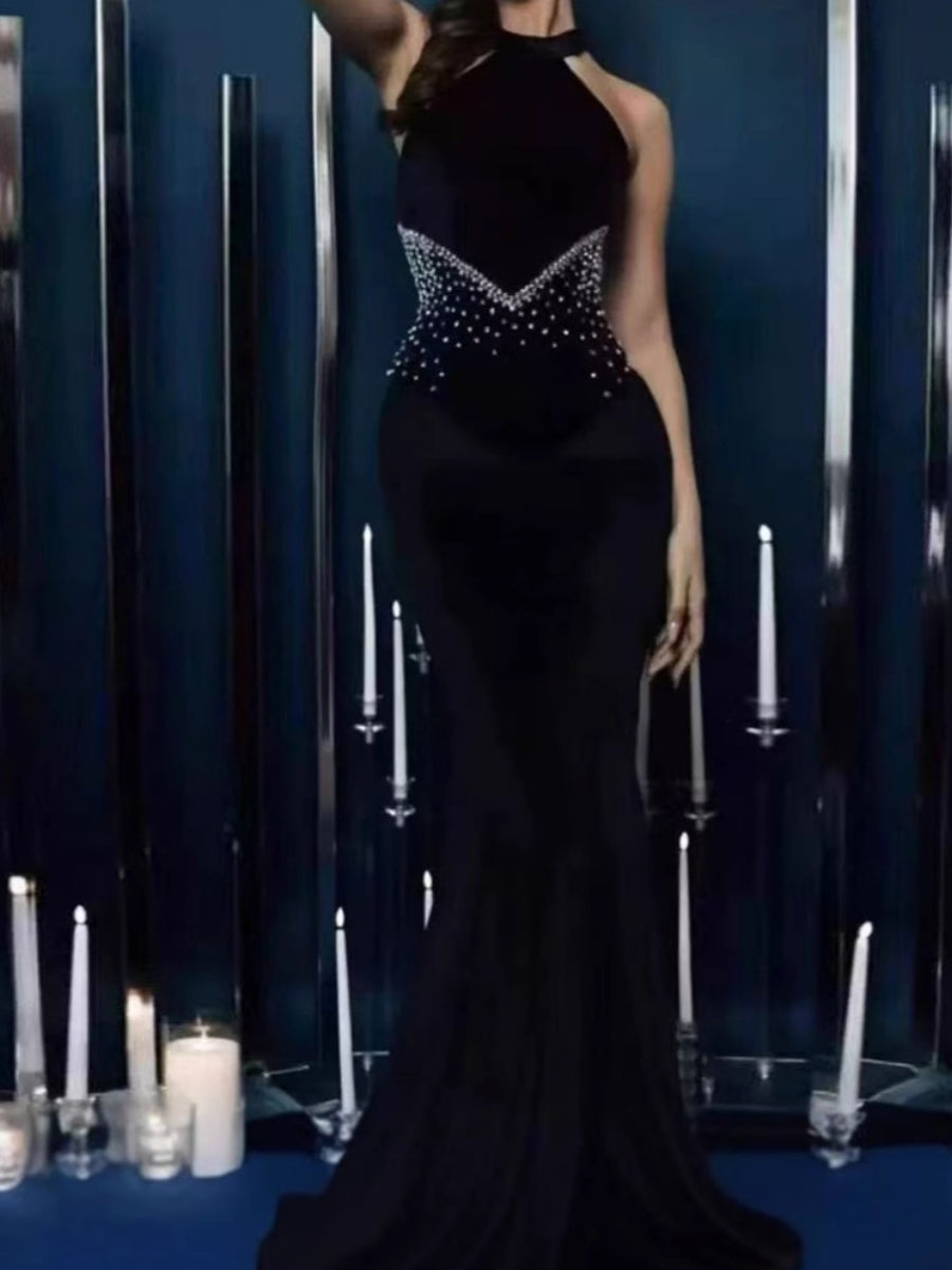 Sheath/Column Halter Floor-Length  Evening Dresses Sleeveless Party Dresses Beading Stretch Satin