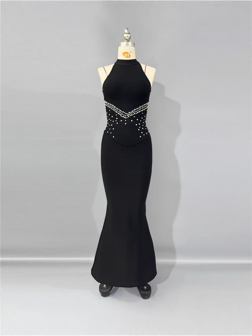 Sheath/Column Halter Floor-Length  Evening Dresses Sleeveless Party Dresses Beading Stretch Satin