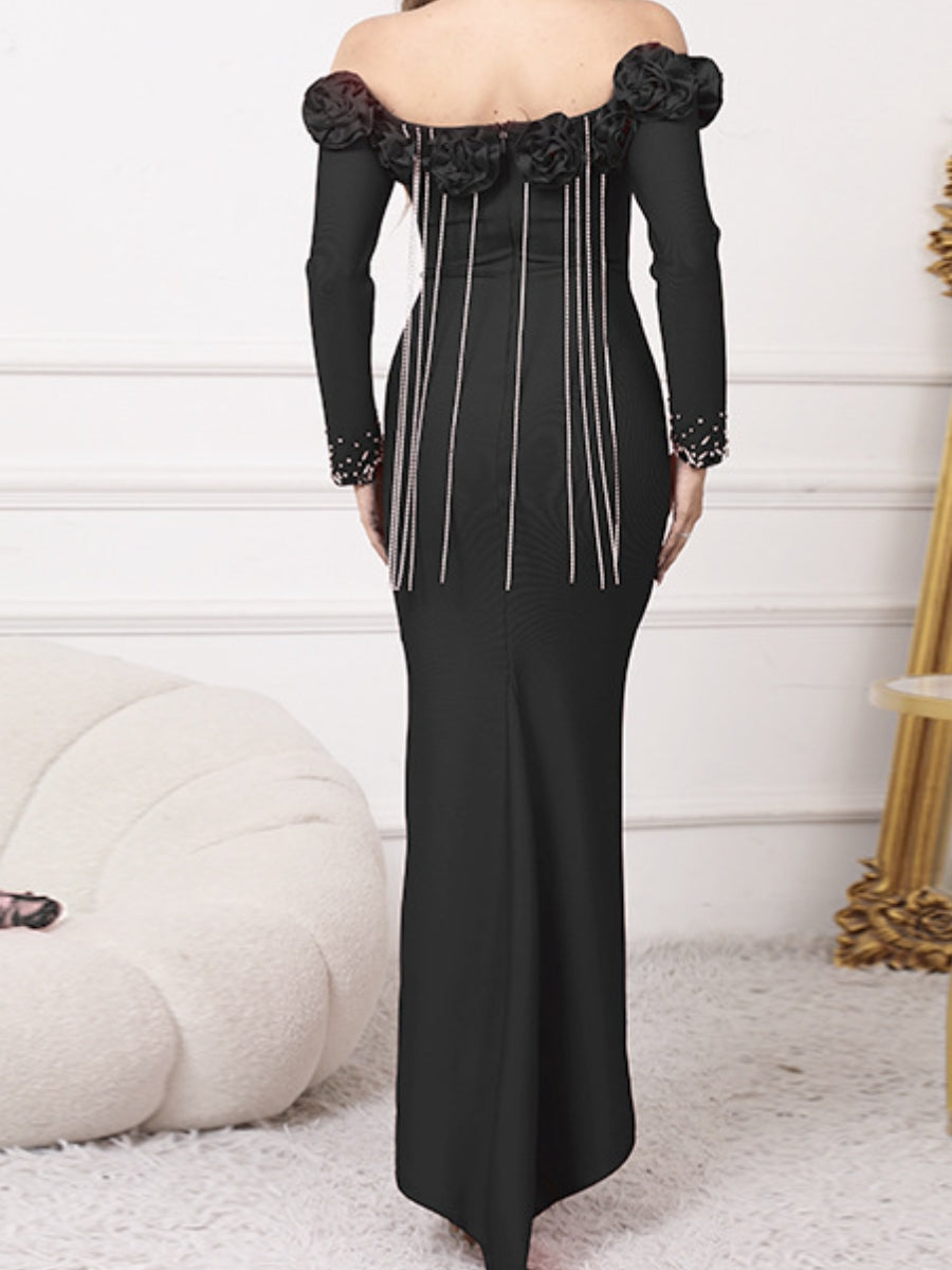 Sheath/Column Off-the-Shoulder Appliques Evening Dresses Long Sleeves Party Dresses Floor-Length