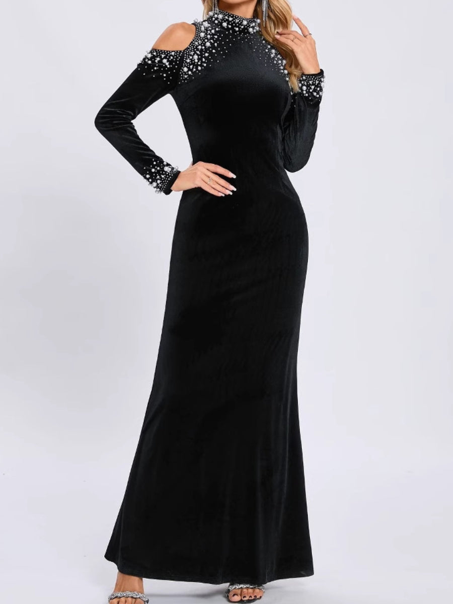 Sheath/Column Mock Neck Long Sleeves Evening Dresses Floor-Length Party Dresses Stretch Satin