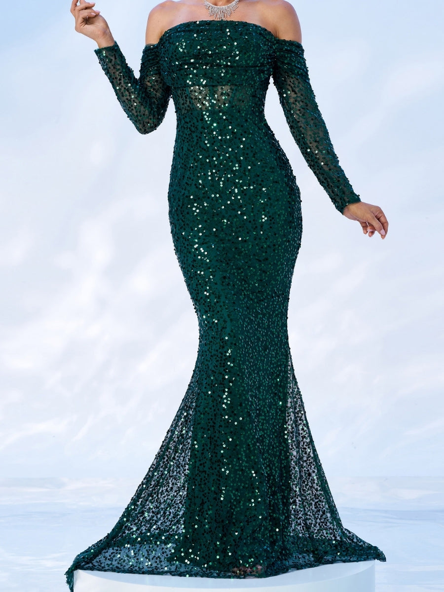 Trumpet/Mermaid Off-the-Shoulder Sequins Long Sleeves Floor-Length Evening Dresses with Pleats