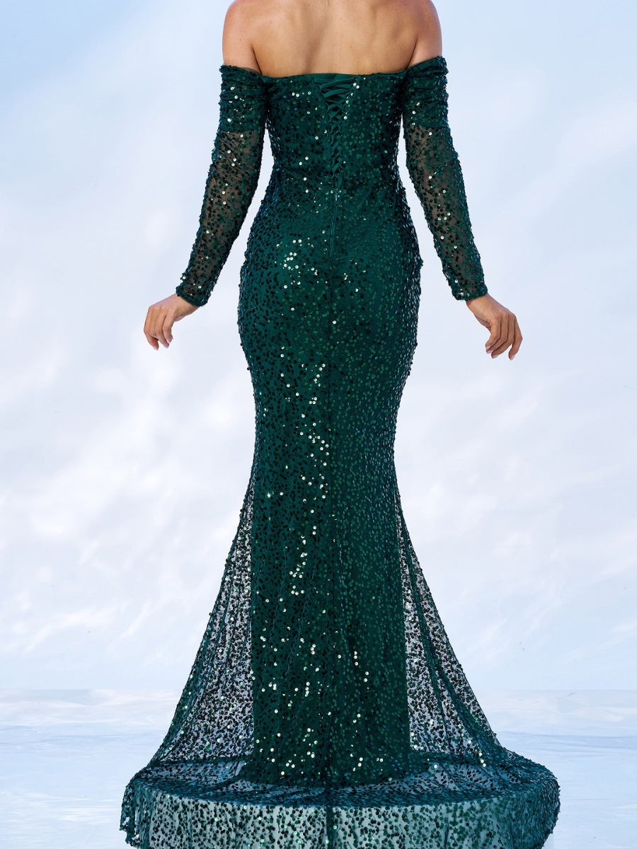 Trumpet/Mermaid Off-the-Shoulder Sequins Long Sleeves Floor-Length Evening Dresses with Pleats