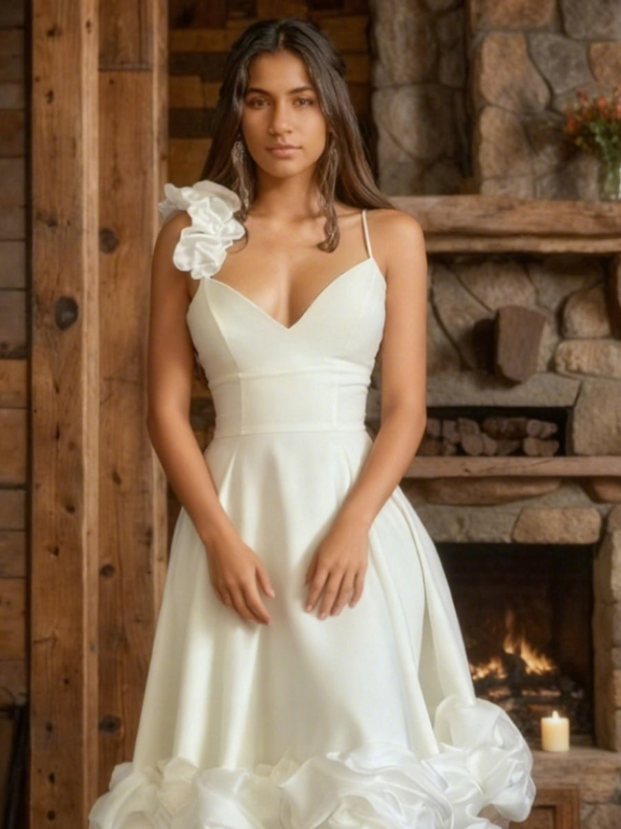 A-Line/Princess V-Neck Little White Dresses Spaghetti Straps Party Dresses with Ruffles