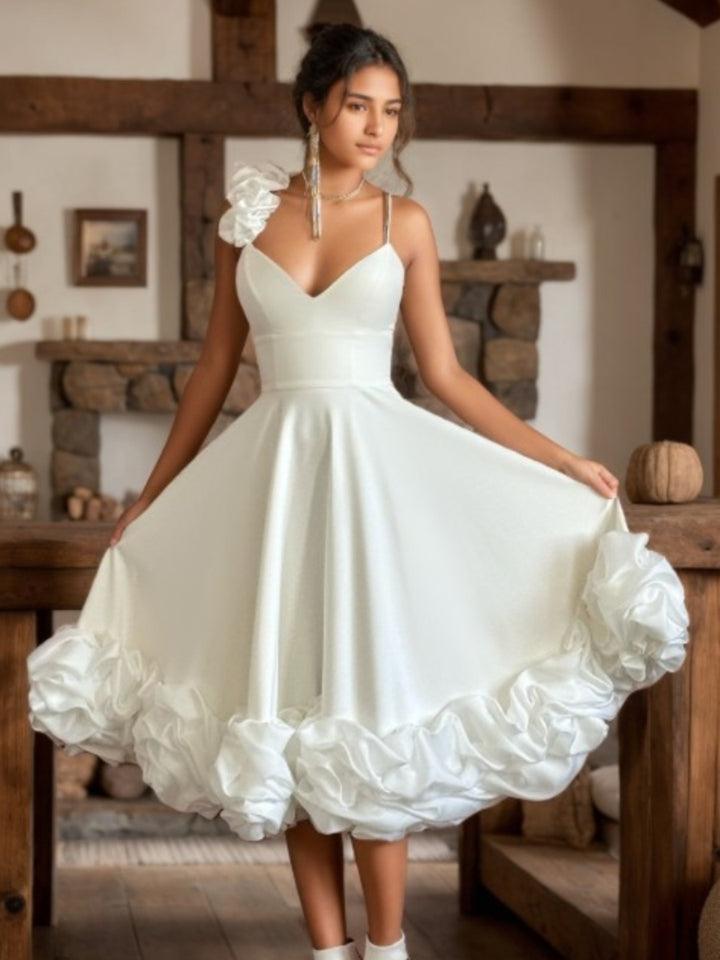 A-Line/Princess V-Neck Little White Dresses Spaghetti Straps Party Dresses with Ruffles