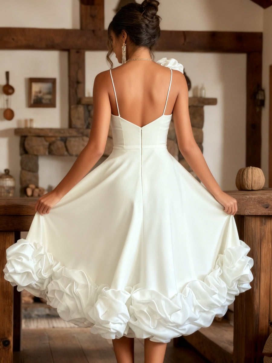 A-Line/Princess V-Neck Little White Dresses Spaghetti Straps Party Dresses with Ruffles