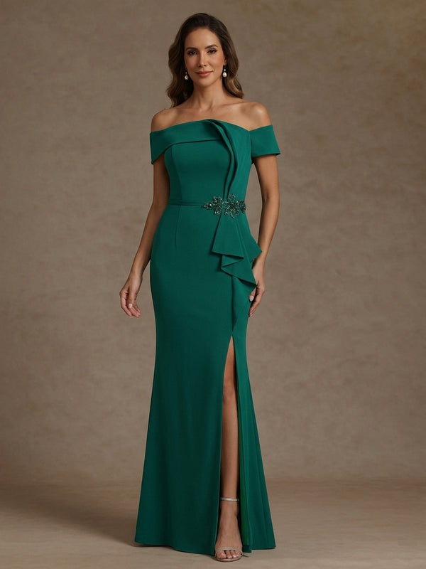 Sheath/Column Off-the-Shoulder Stretch Satin Mother of the Bride Dresses Party Dresses Floor-Length with Split Side