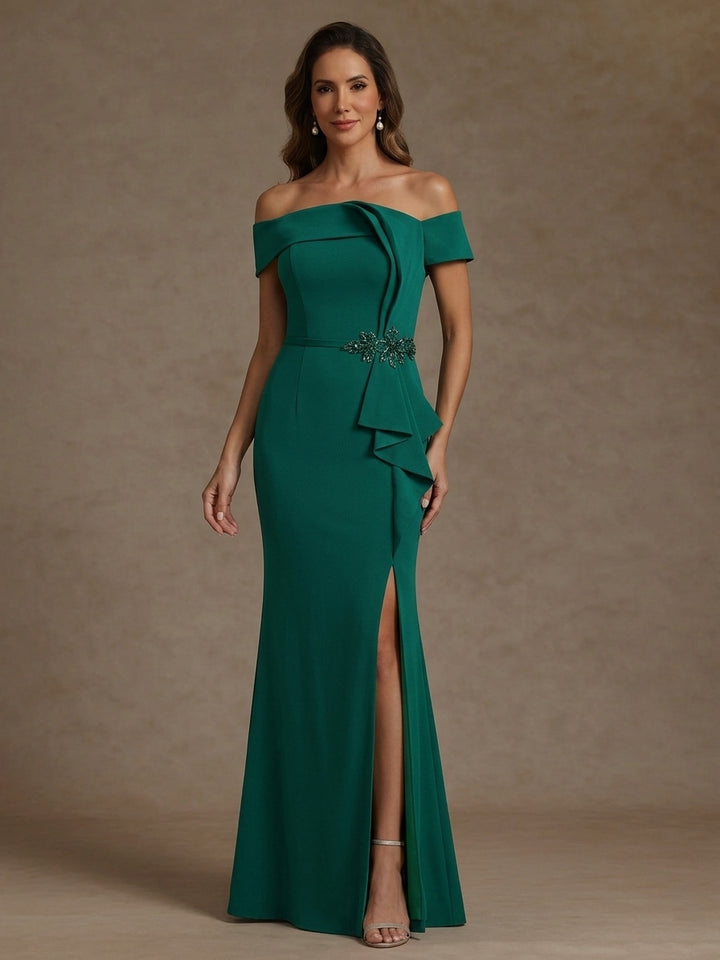 Sheath/Column Off-the-Shoulder Stretch Satin Mother of the Bride Dresses Party Dresses Floor-Length with Split Side