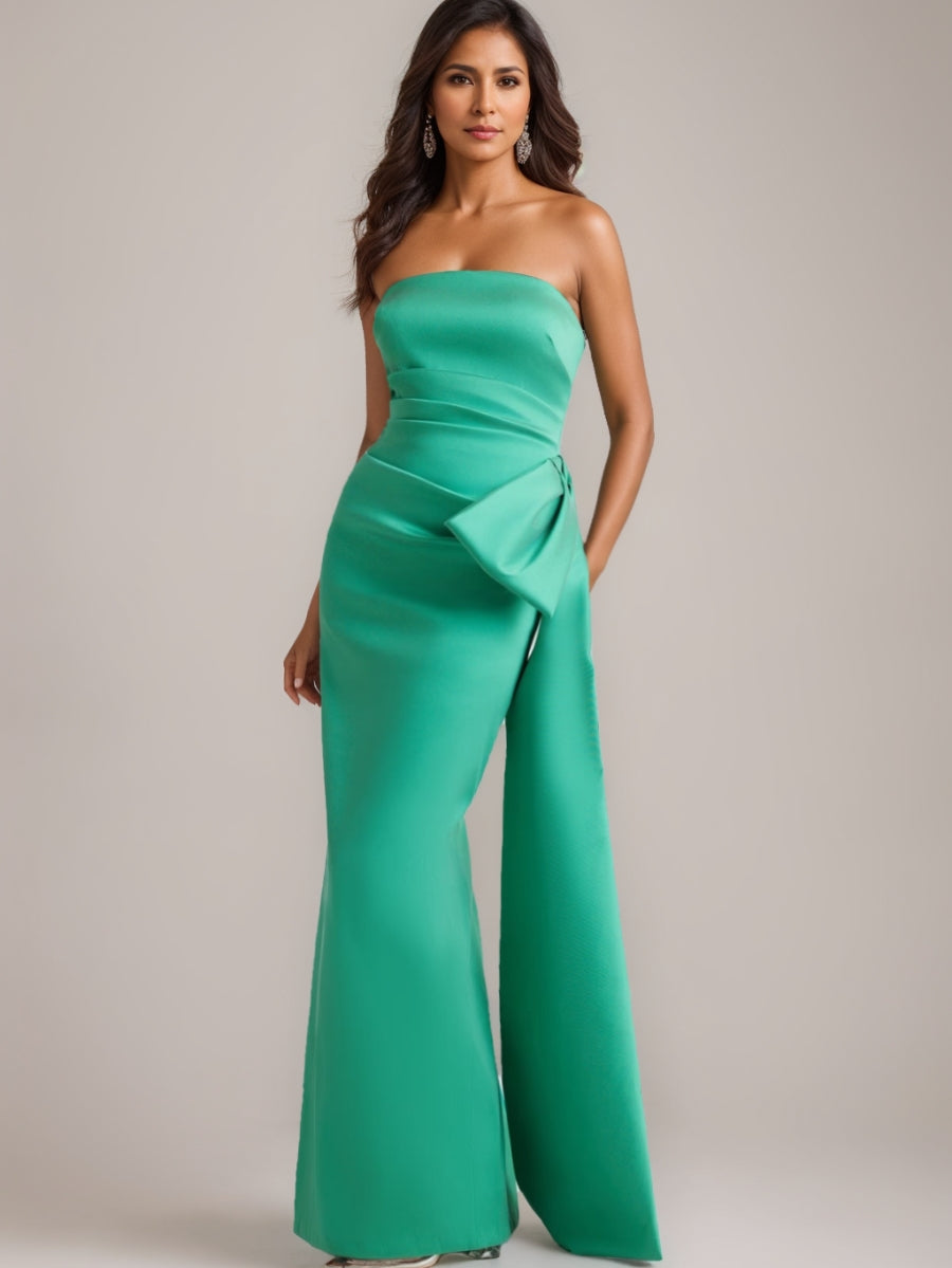 Sheath/Column Sleeveless Floor-Length Strapless Evening Dresses Side Bow Gown Party Dresses Satin
