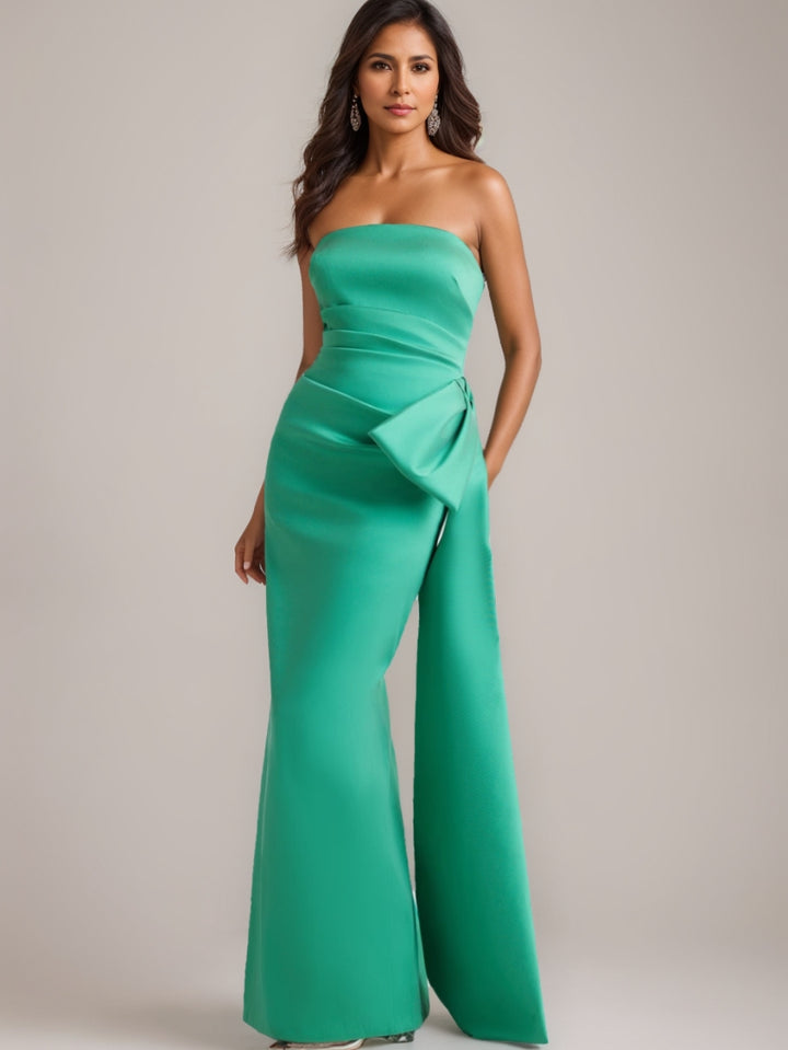 Sheath/Column Sleeveless Floor-Length Strapless Evening Dresses Side Bow Gown Party Dresses Satin