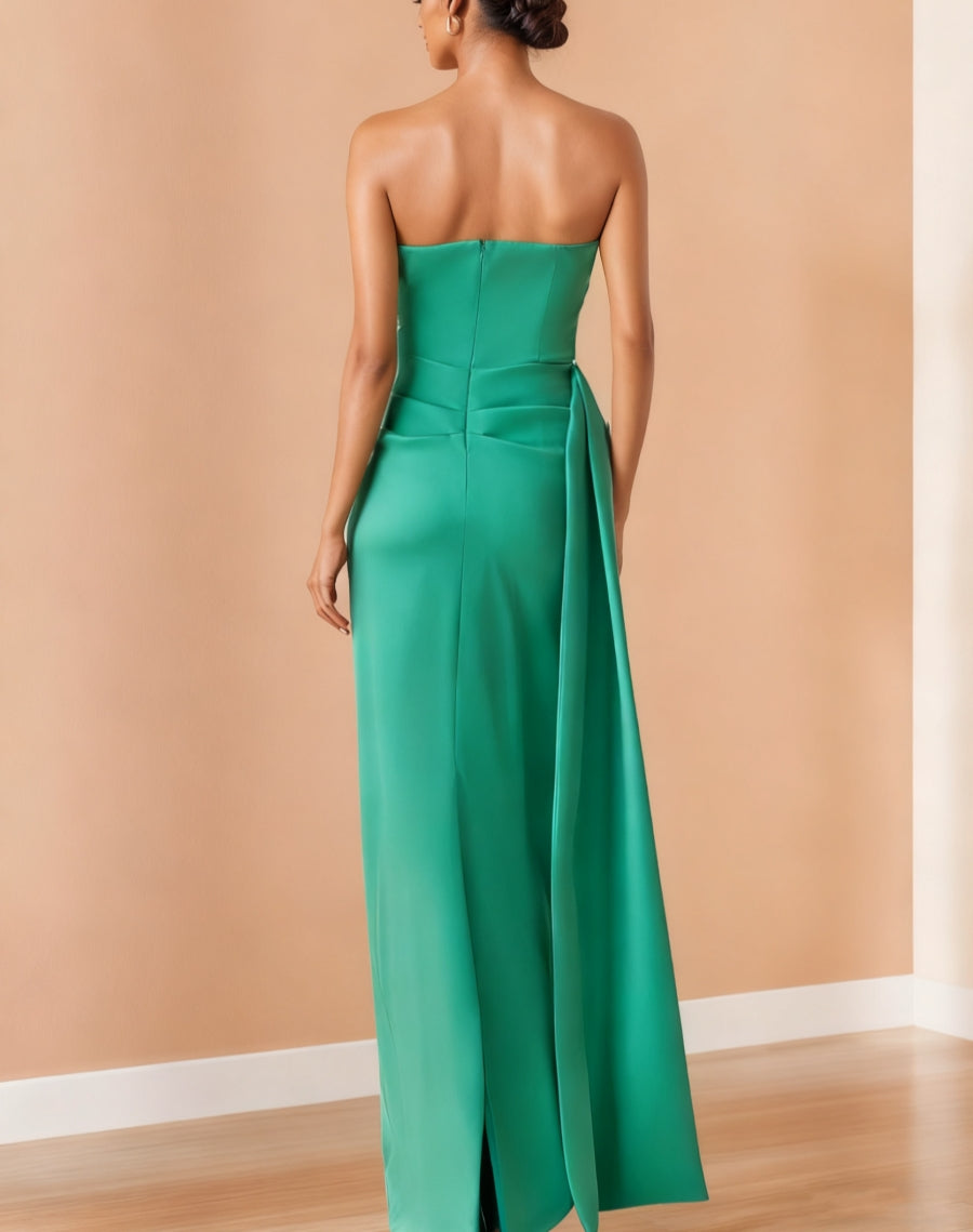 Sheath/Column Sleeveless Floor-Length Strapless Evening Dresses Side Bow Gown Party Dresses Satin