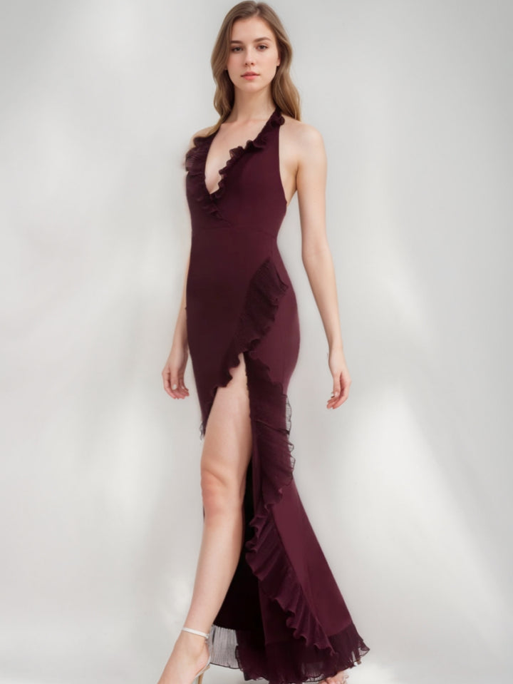 Sheath/Column Sleeveless Floor-Length Evening Dresses Deep V-Neck Halter Party Evening Dresses with High Split