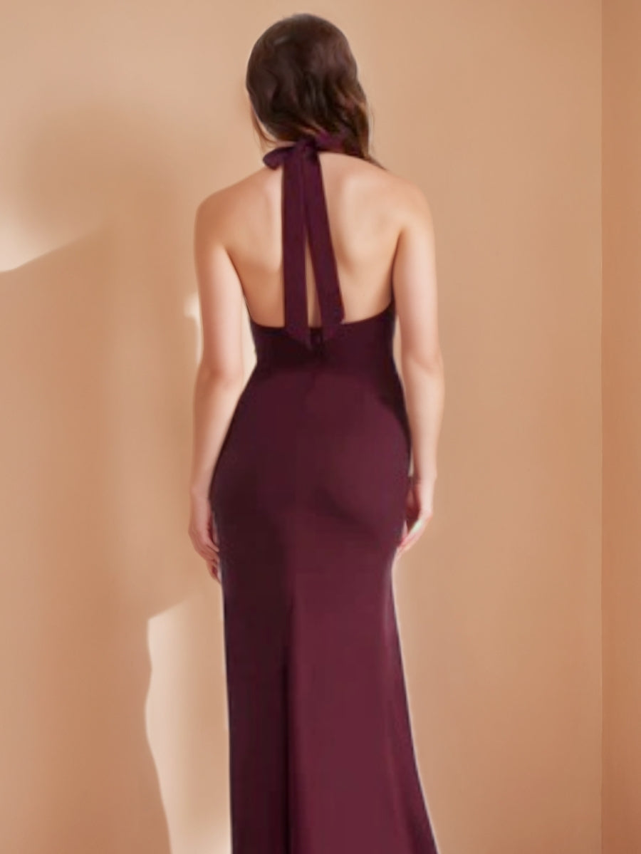 Sheath/Column Sleeveless Floor-Length Evening Dresses Deep V-Neck Halter Party Evening Dresses with High Split