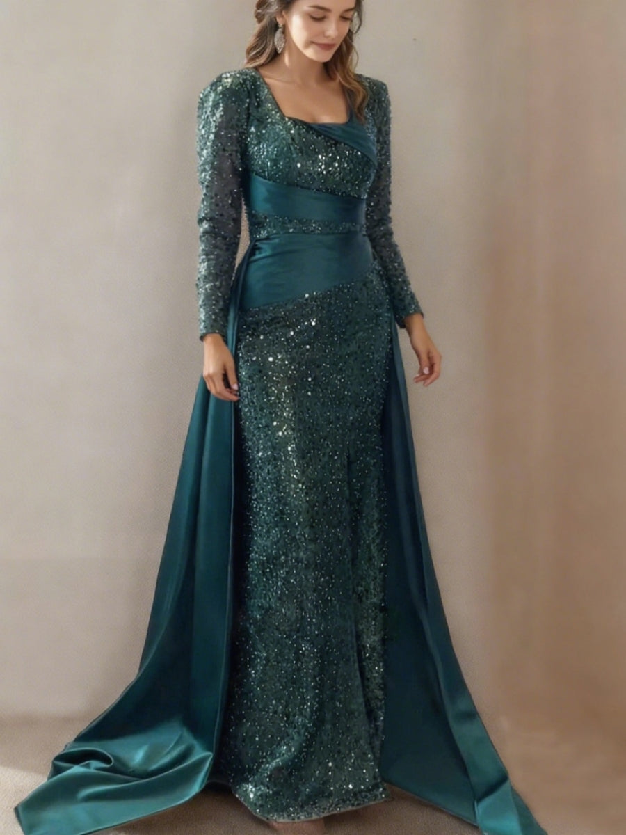 Sheath/Column Square Collar Long Sleeves Sequins Evening Dresses Satin Party Dresses With Split Front