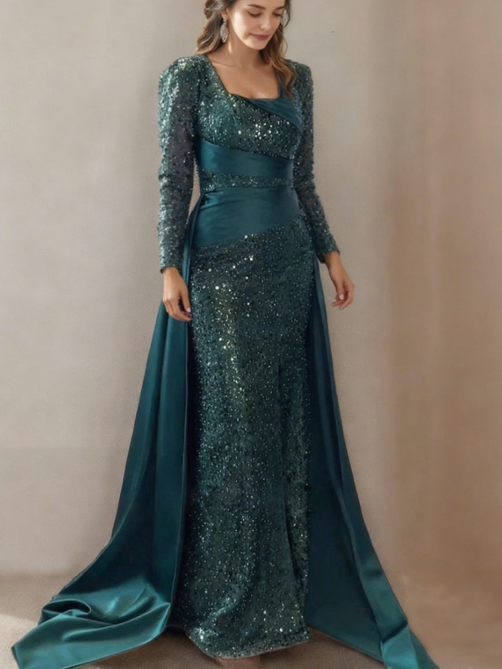 Sheath/Column Square Collar Long Sleeves Sequins Evening Dresses Satin Party Dresses With Split Front