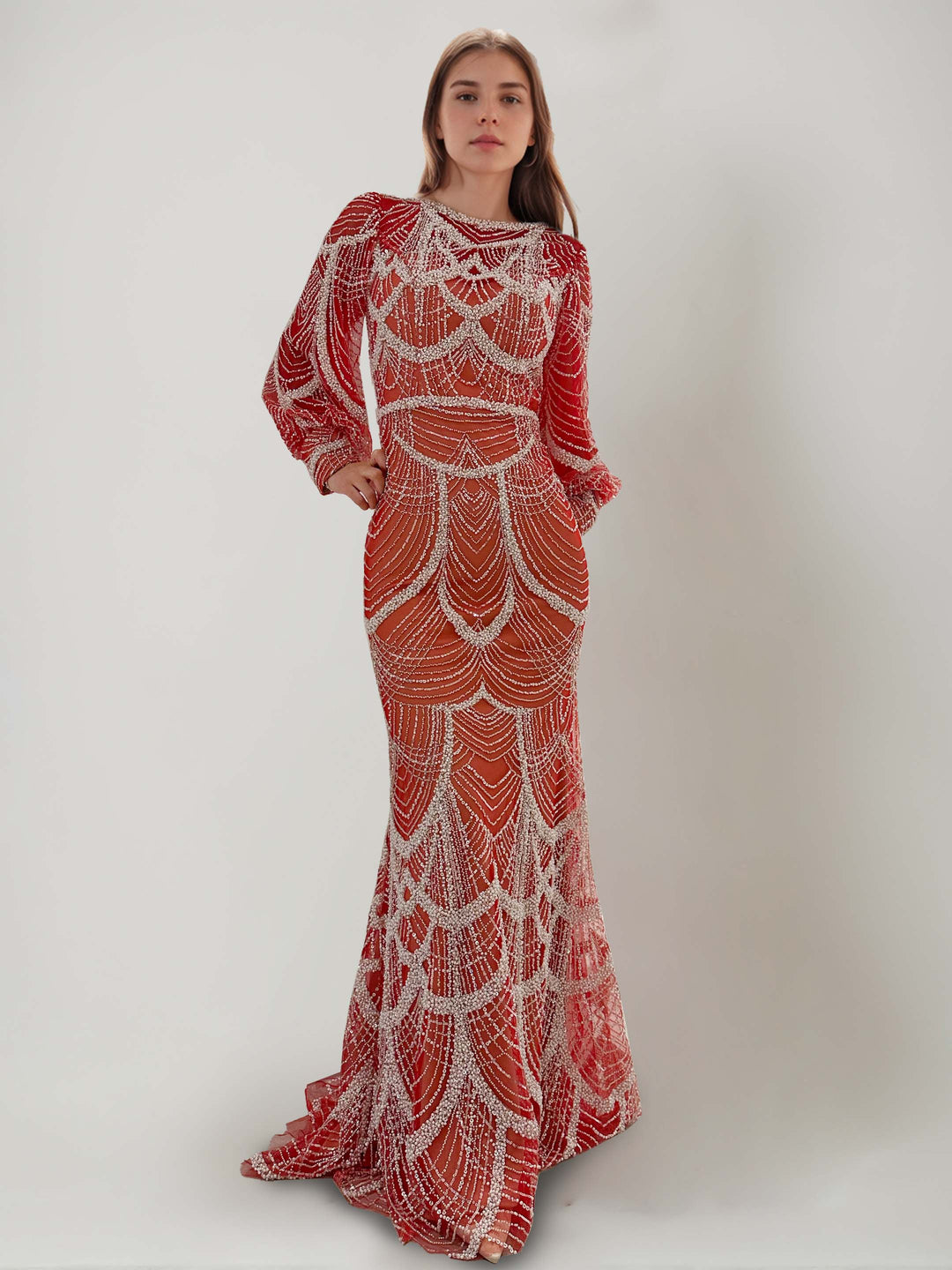 Sheath/Column Jewel Neck Sequins Evening Dresses Long Sleeves Sweep Train Party Dresses With Beading