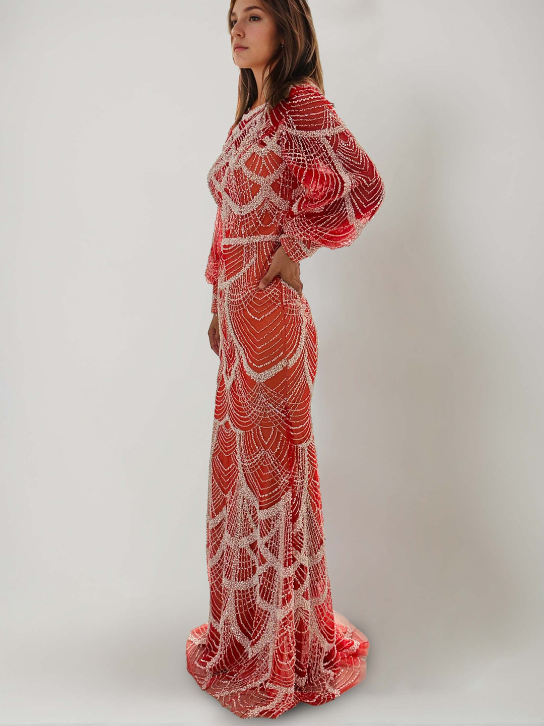 Sheath/Column Jewel Neck Sequins Evening Dresses Long Sleeves Sweep Train Party Dresses With Beading