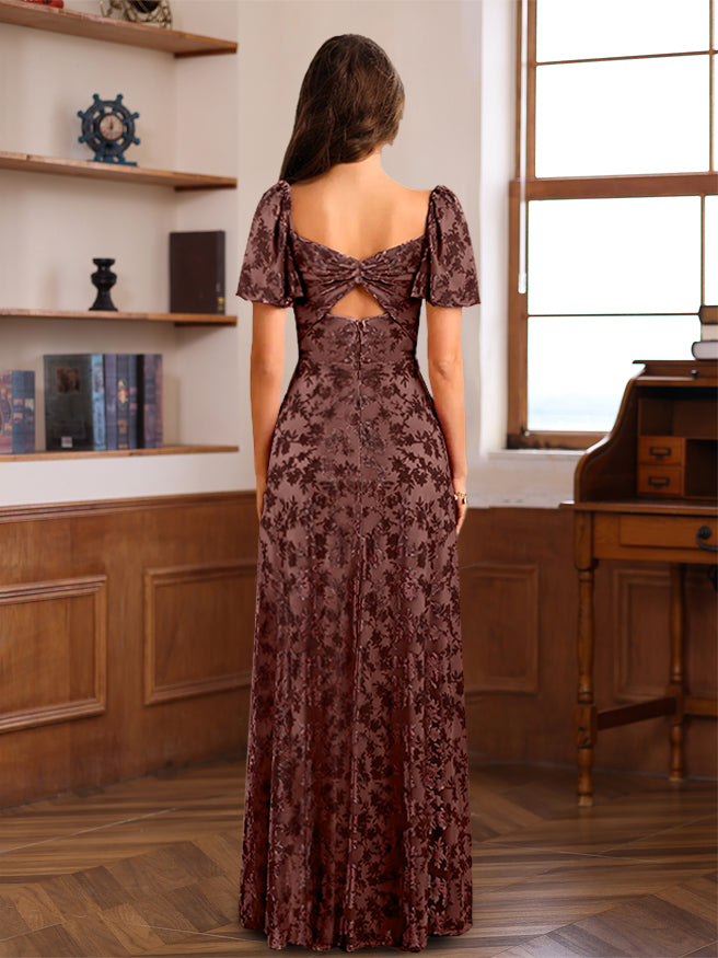 Rust Floral Wedding Guest Dress 2026 Short Sleeve Evening Maxi Gown Chiffon A-Line Floor-Length Formal Party Dresses with Front Slit, Red Rust Floral Wedding Guest Dress 2026 Short Sleeve Evening Maxi Gown Chiffon A-Line Floor-Length Formal Party Dresses with Front Slit, Red