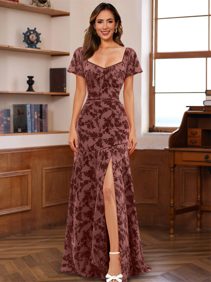 A-Line/Princess Wedding Guest Dresses Short Sleeves Floor-Length with Split Side