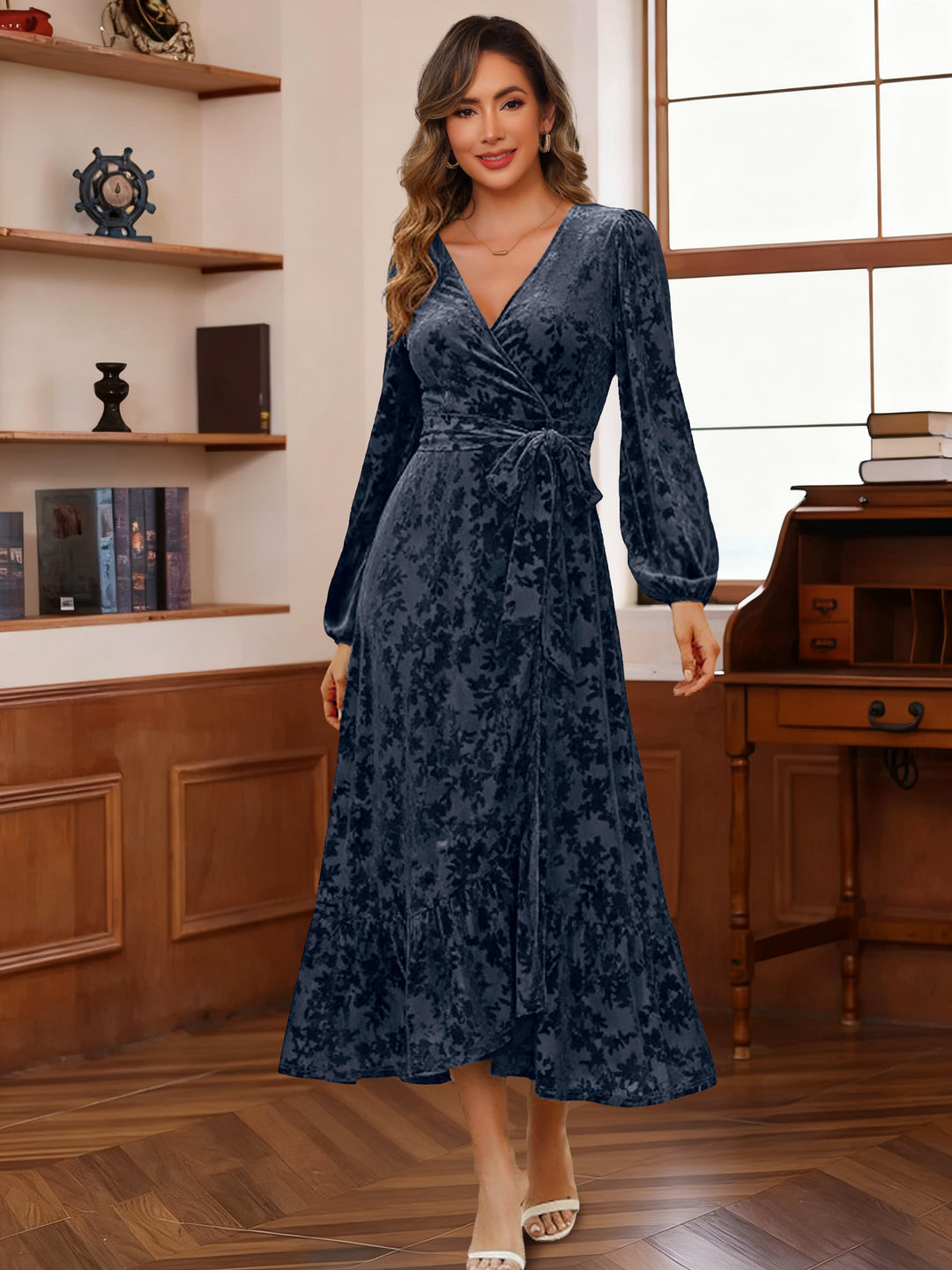 A-Line/Princess V-Neck Long Sleeves Ankle-Length Wedding Guest Dresses with Split Side Navy Blue A-Line/Princess V-Neck Long Sleeves Ankle-Length Wedding Guest Dresses with Split Side Navy Blue