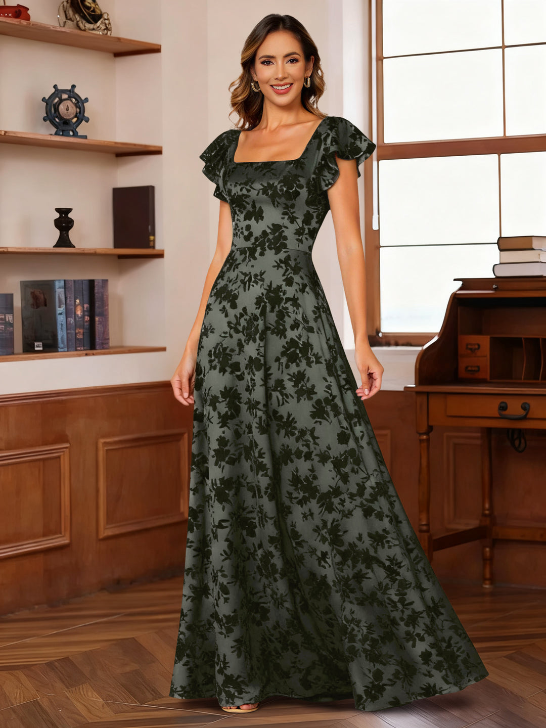 A-Line/Princess Square Collar Wedding Guest Dresses Short Sleeves Floor-Length with Ruffles