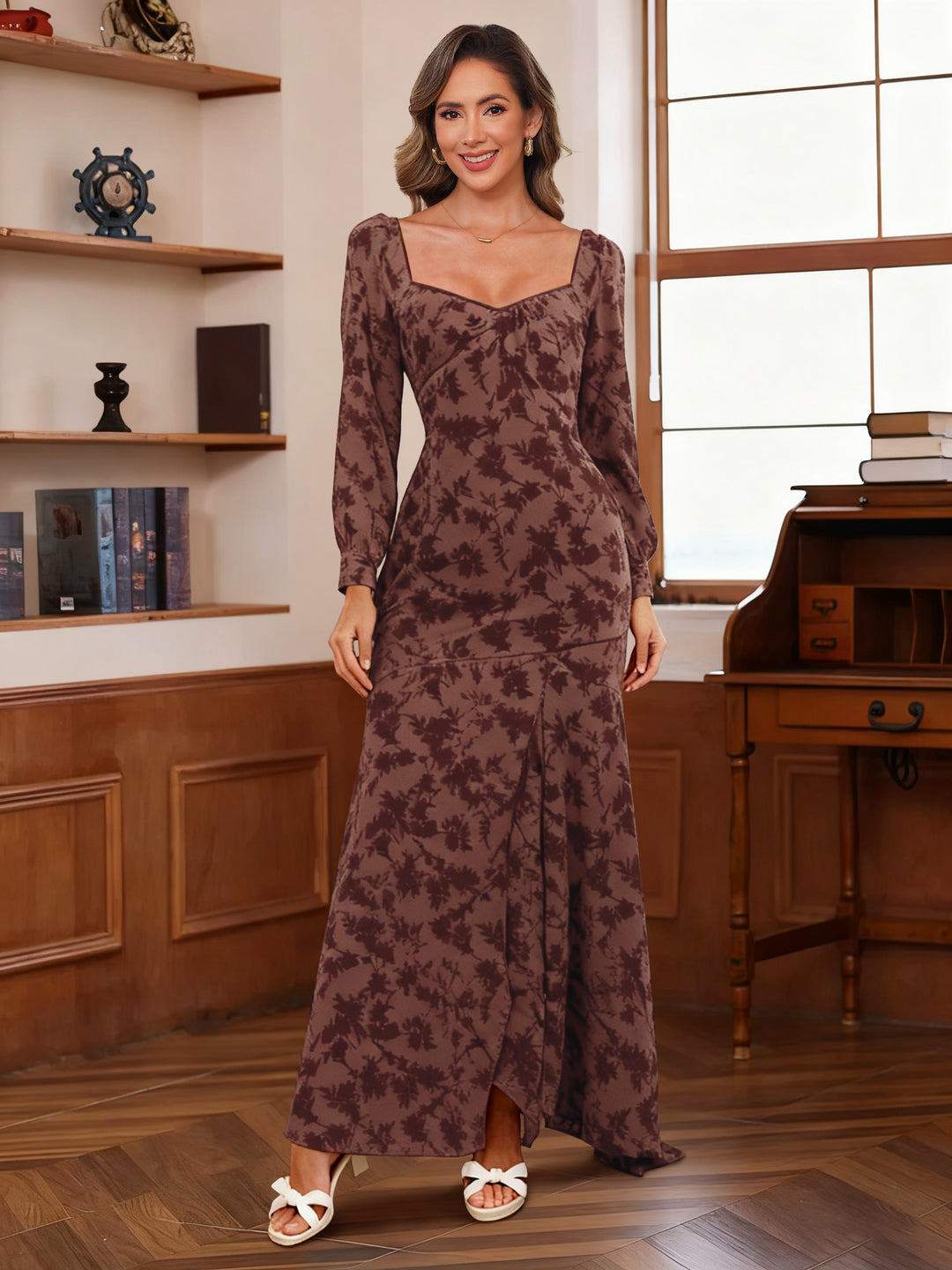 A-Line/Princess Square Collar Wedding Guest Dresses Long Sleeves Floor-Length with Pleated