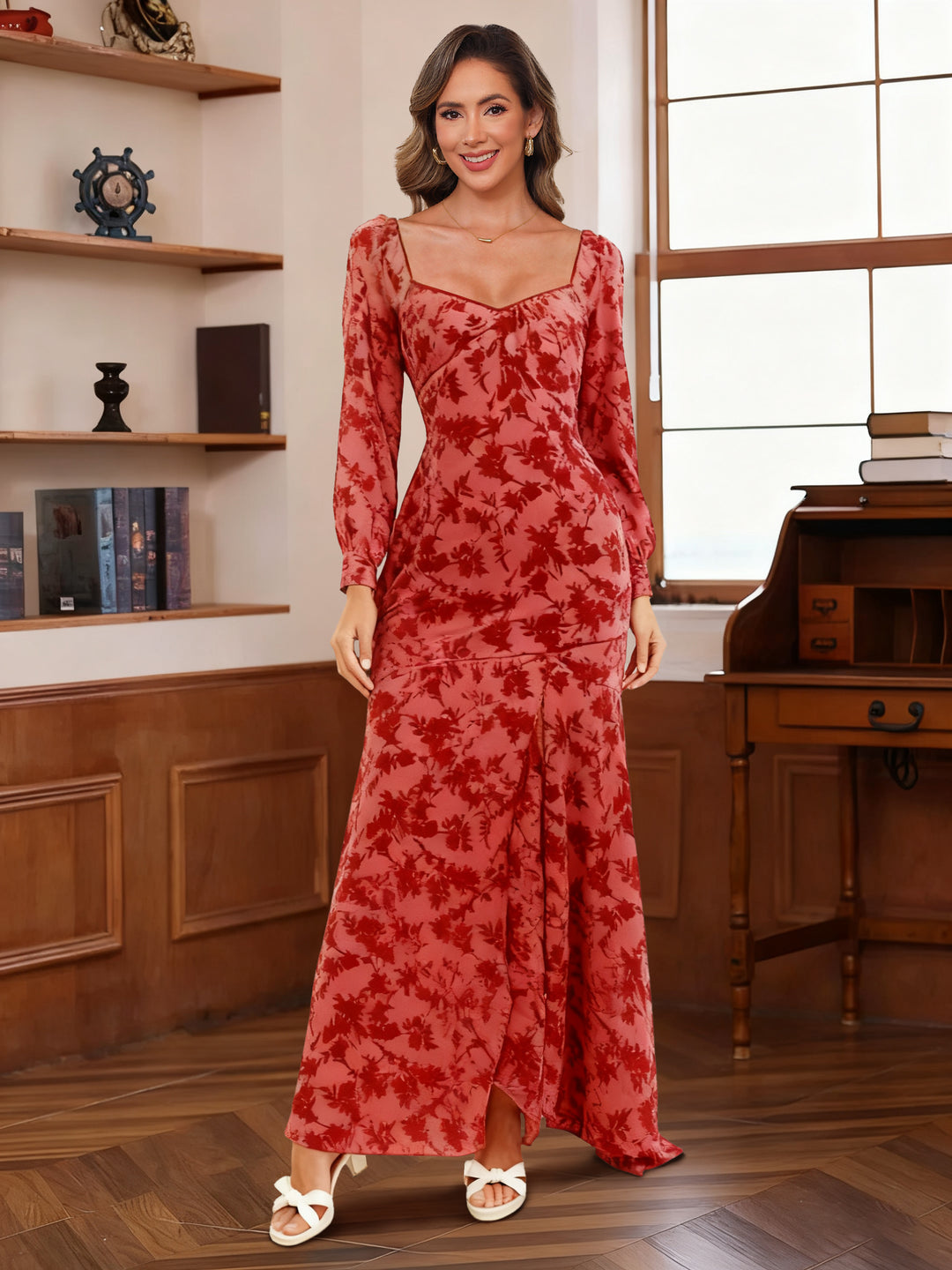 A-Line/Princess Square Collar Wedding Guest Dresses Long Sleeves Floor-Length with Pleated