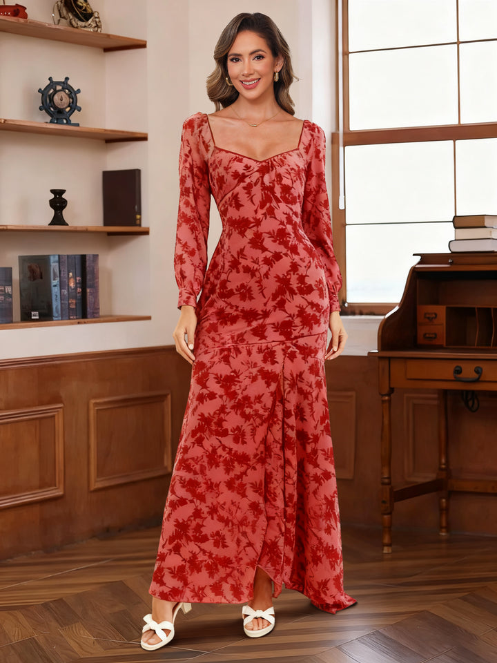 A-Line/Princess Square Collar Wedding Guest Dresses Long Sleeves Floor-Length with Pleated