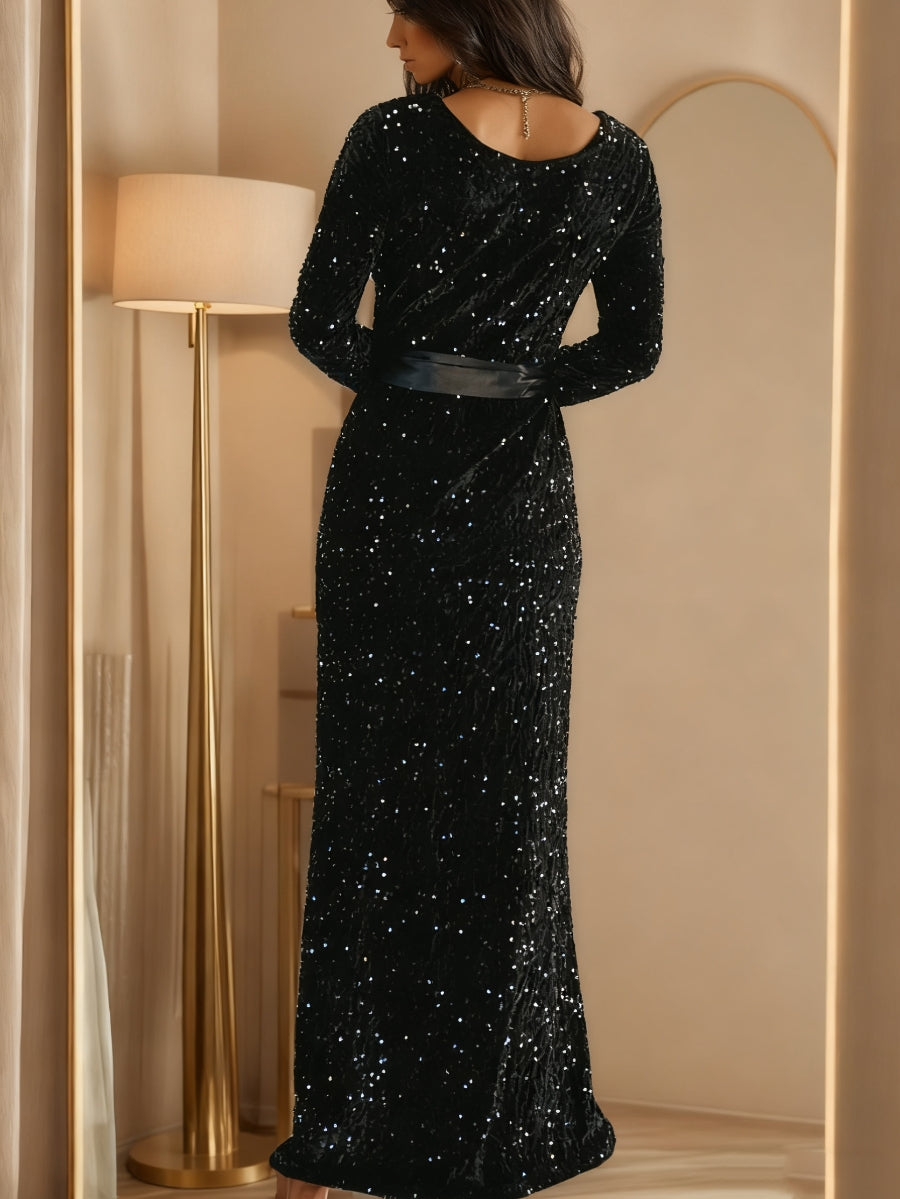 Sheath/Column Scoop Sequins Evening Dresses Velvet Long Sleeves Party Dresses With Split Side