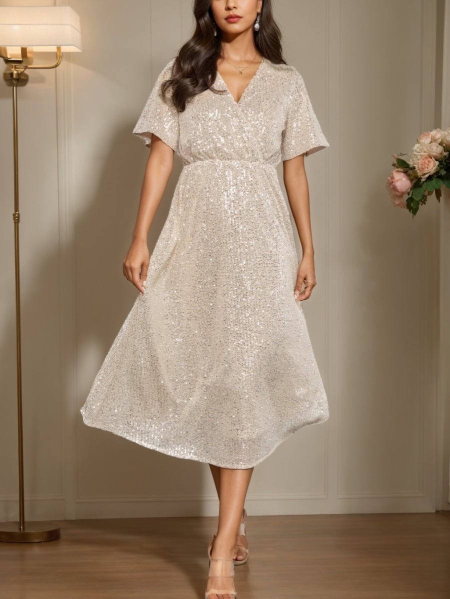 A-Line/Princess V-Neck Short Sleeves Cocktail Dresses Sequins Tea-Length