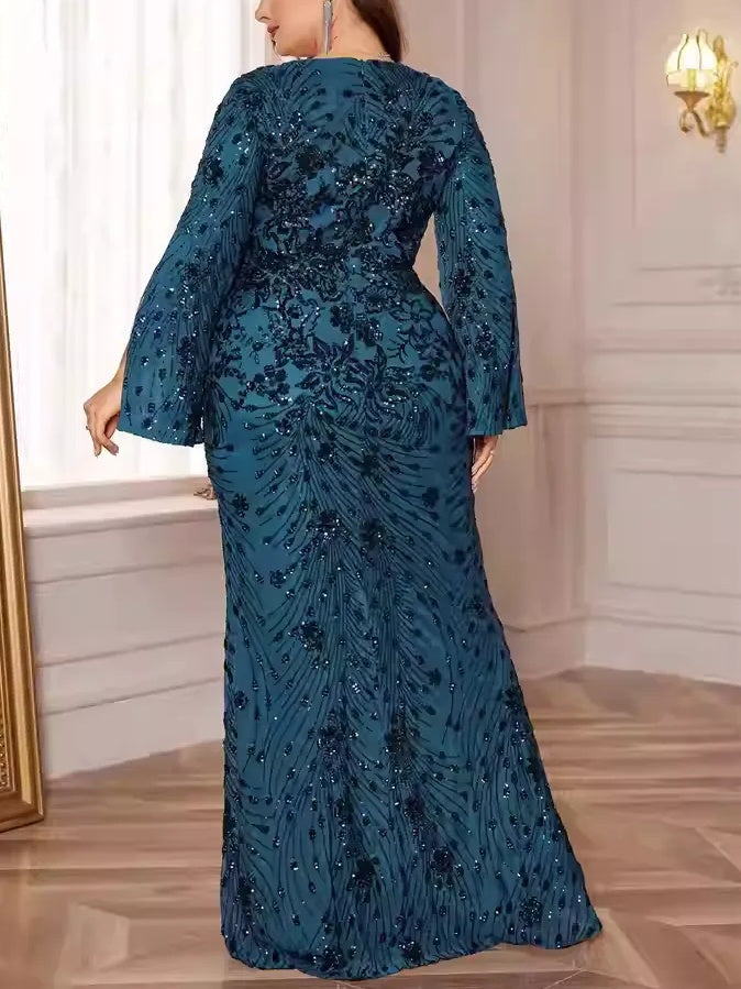 Sheath/Column Sequins Scoop Plus Size Mother of the Bride Dresses Long Sleeves Floor-Length Party Dresses